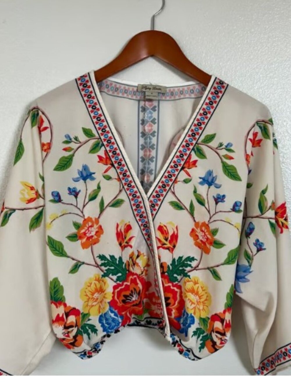 Flying Tomato Boho Floral Kimono Blouse Embroidered Trim Batwing Sleeve Top